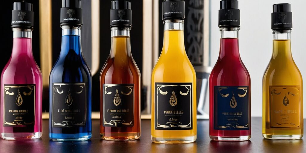 Une image de différentes bouteilles d'e-liquides Poire Belle-Hélène, mettant en avant la variété des designs et des saveurs.